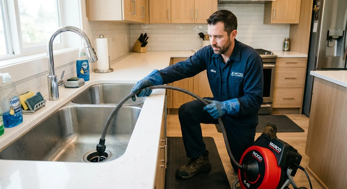 Drain cleaning technician using a motorized snake on a kitchen sink in Glenville