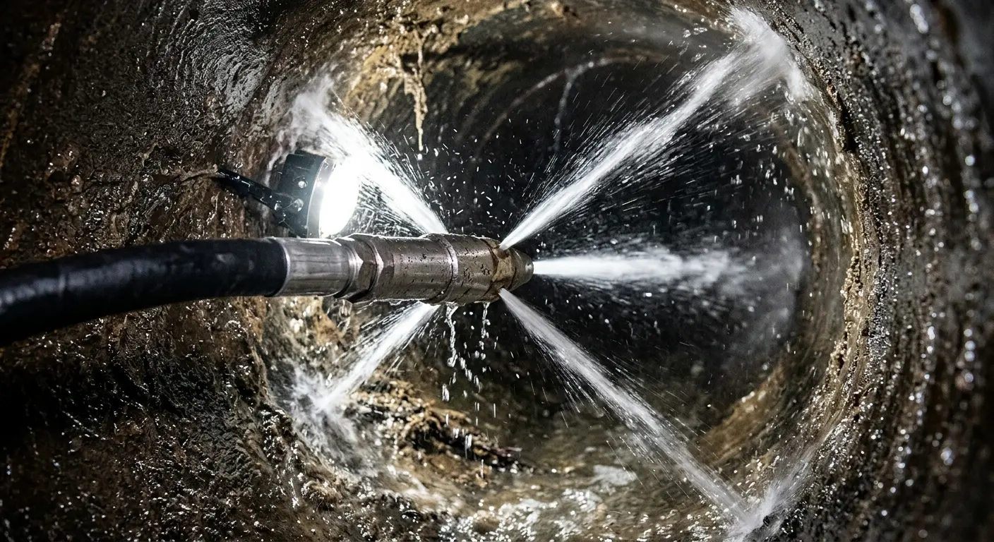 High-pressure hydro jetting nozzle cleaning sewer pipe for Emergency Drain Service in Glenville