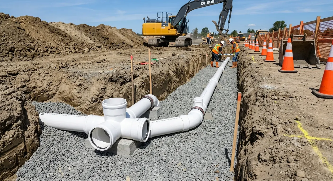 New PVC sewer pipe installation in open trench for Sewer Backup in Glenville