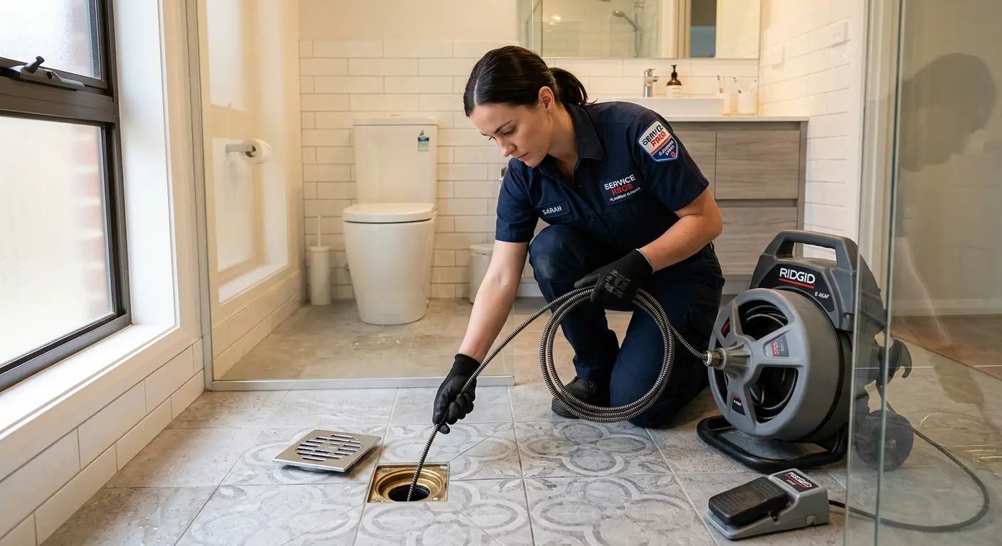 Technician clearing a bathroom floor drain for Hydro Jetting in Glenville